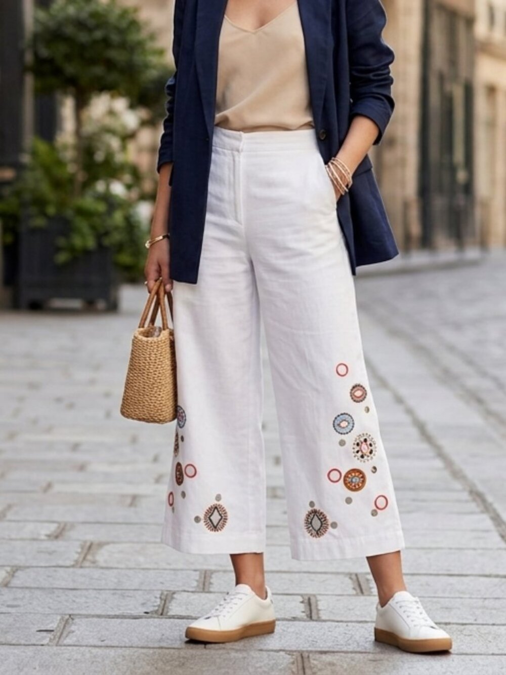 Embroidered Crop Wide Leg Pant